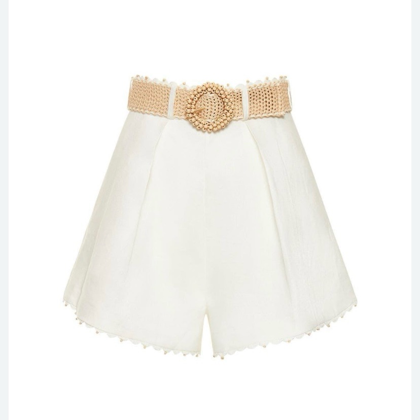 Zimmermann Ivory High-Waist Linen Blend Shorts With Woven Tan Belt